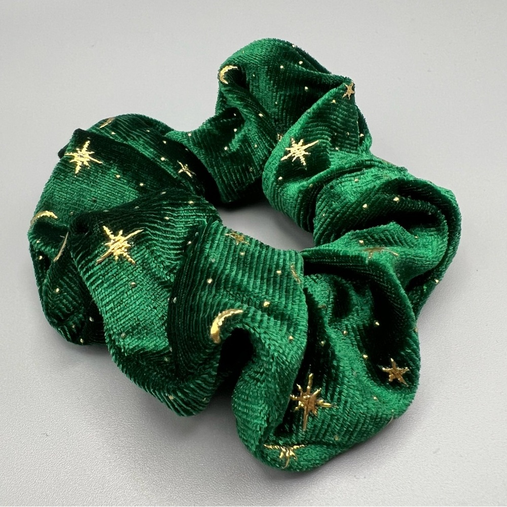 Holiday Scrunchie, Green Velvet with Gold Stars - Picture 3 of 3